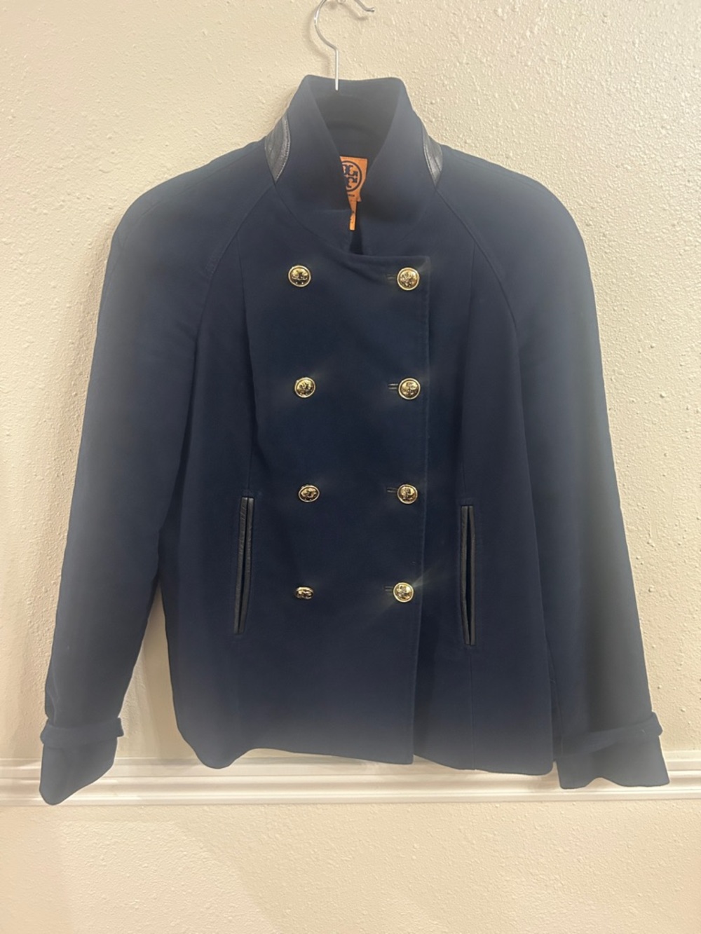 Tory Burch Navy Double-Breasted Pea Coat with Gold Buttons